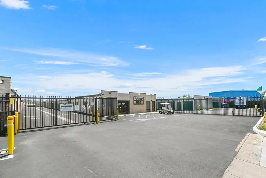 Front of storage facility gated access.