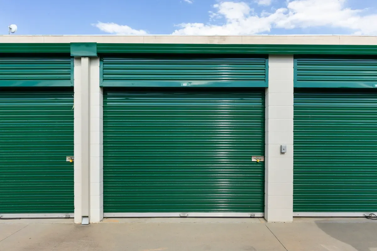 Green exterior storage unit door.