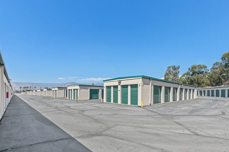 Rows of green exterior storage units.