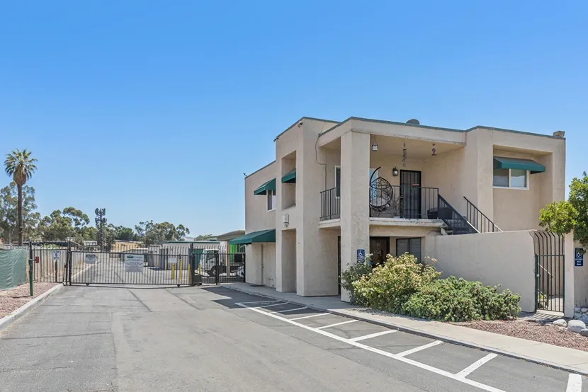 Front gate and main building of a storage facility.