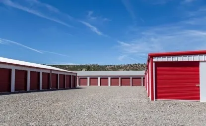 Exterior red doored storage units.