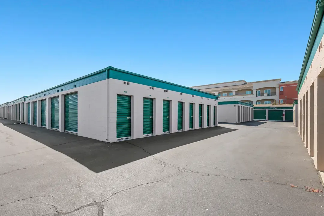 Small outdoor green storage units.