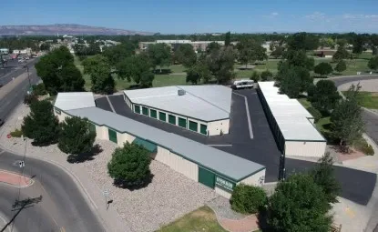 Aerial view of a triangular storage facility.