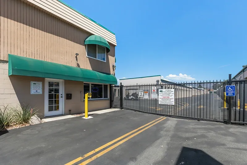 Front gate and office at a storage facility.