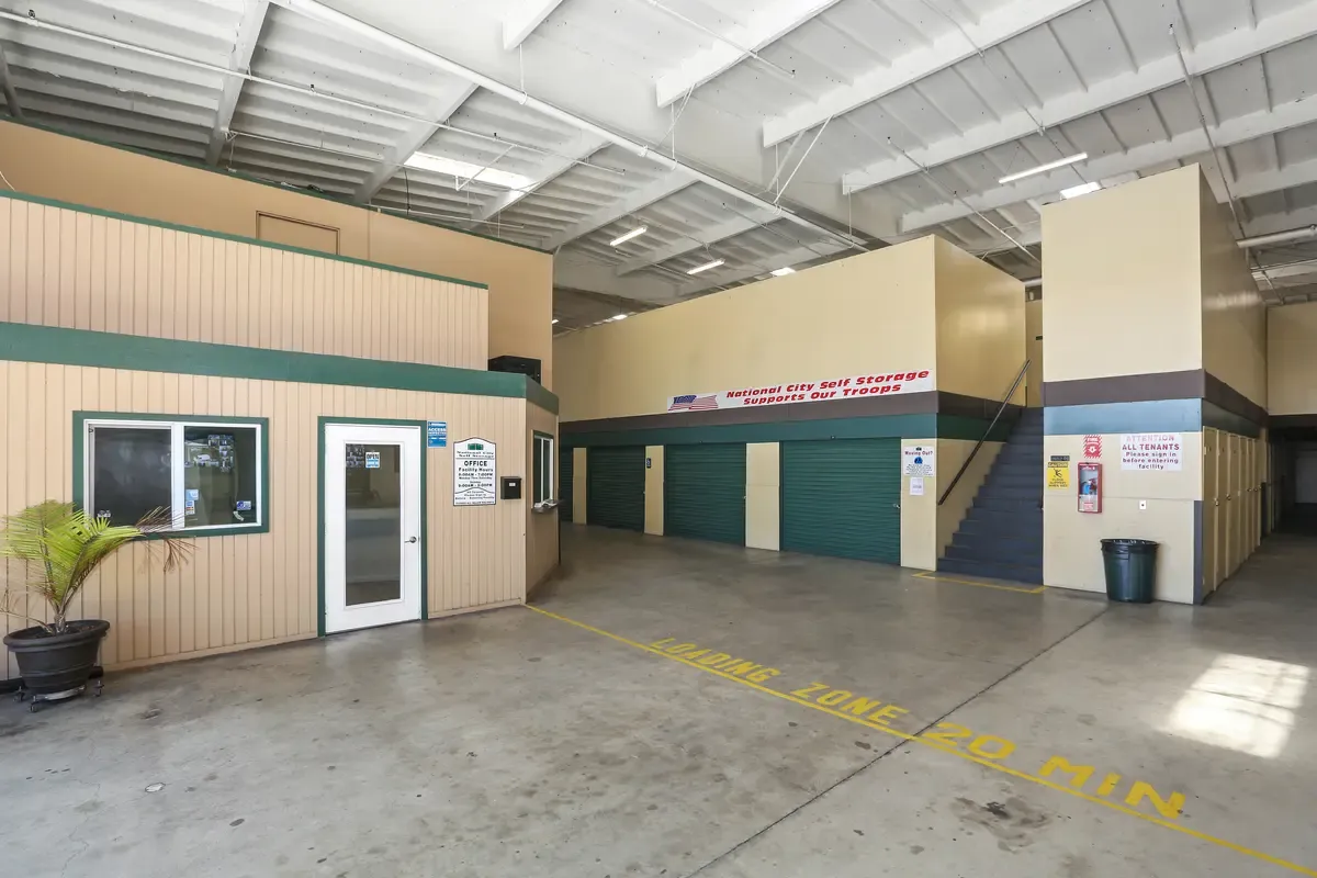 Indoor office and storage units at a storage facility.