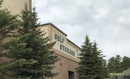 Self storage sign through pine trees.